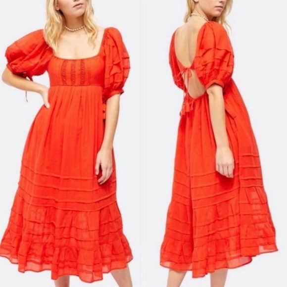 Free People Dresses & Skirts - New FREE PEOPLE Let’s be Friends Puff Sleeve Midi Dress Red Sz L
